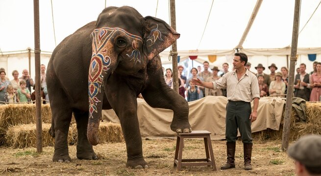 Circus elephant performing with painted decorations on its face and trunk. Trainer with animal in big top tent