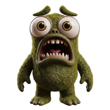 Shocked green mossy cartoon monster character 3d render