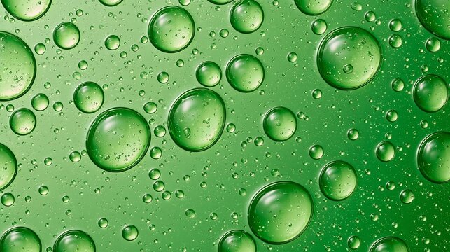 Close-up of multiple green water droplets on a green background. the droplets are of different sizes and shapes, and they are arranged in a random pattern.