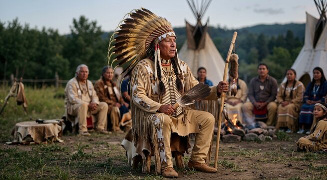 Native American chief in feathered headdress leading a ceremony. Indigenous cultural traditions theme