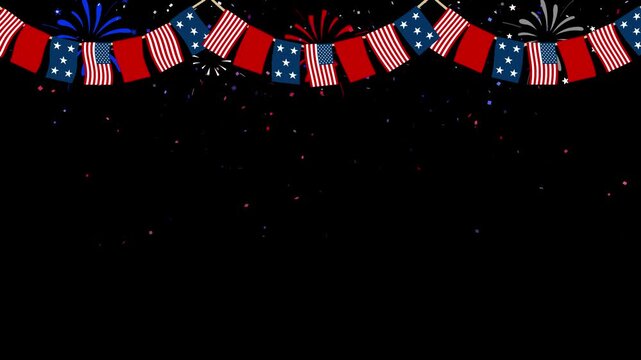 Patriotic USA motion background of American flag bunting, red white and blue decorations, fireworks, and falling confetti against a black background.