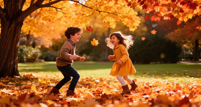 Brother and sister playing in the autumn tree garden
