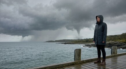Fototapeta premium Woman standing on a wooden pier watching a hurricane approaching. Stormy weather and natural disaster