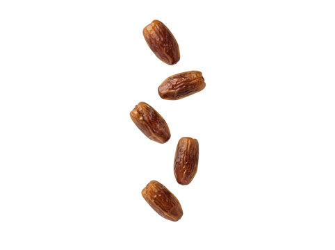 Five dried date fruits falling isolated on transparent background