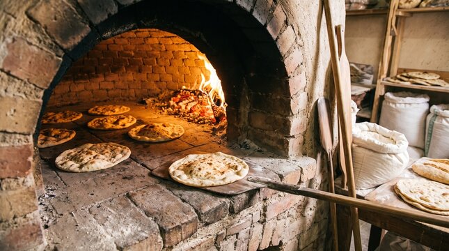 Traditional flatbreads baking inside a rustic wood-fired brick oven, glowing embers and warm firelight creating an authentic artisanal bakery scene, crisp food photography.