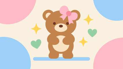 Fototapeta premium Soft teddy bear with pink bow on head. Pastel shapes float around in gentle hues. Tiny hearts and stars glow nearby. Sweet and calm, perfect for children's themes