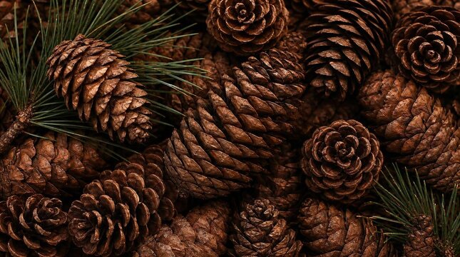 Festive Christmas and New Year background with pine cones and evergreen needles in warm rustic tones