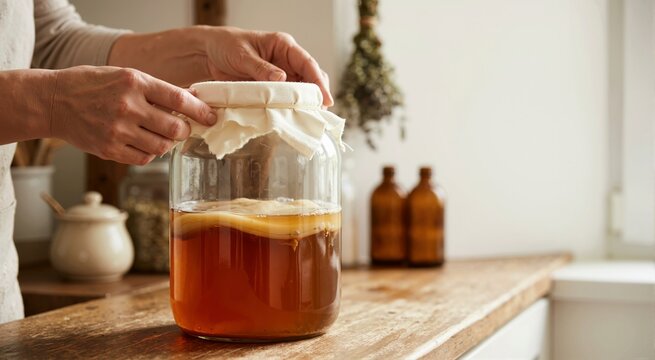 Woman covering glass jar with kombucha scoby fermenting tea. Healthy probiotic beverage preparation