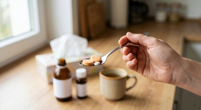 Hand holding spoon with vitamin C tablets. Healthcare and immunity support concept