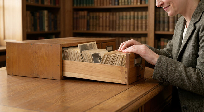 Wooden library card catalog drawer with vintage photos. Archival research and history