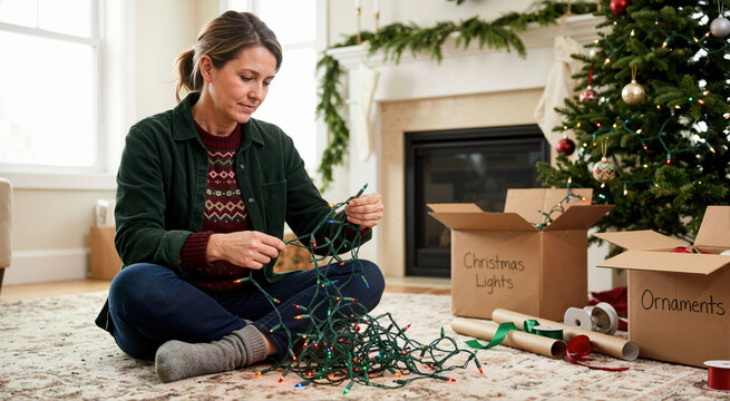 Woman sitting on the floor untangling Christmas lights. Holiday preparation and home decoration