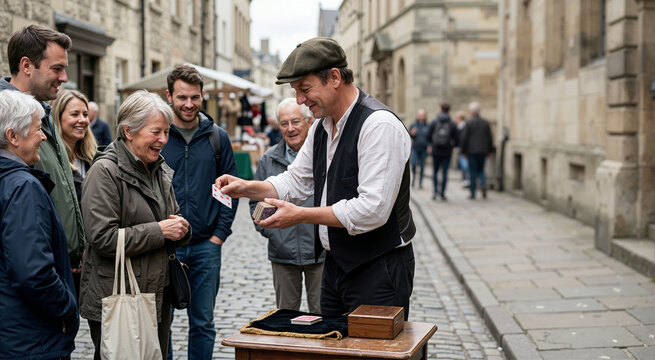 Street magician performing card tricks for tourists in a historic city. Entertainment and magic concept