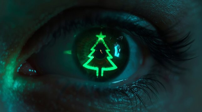 Extreme close-up of a human eye reflecting a glowing neon Christmas tree, evoking Merry Christmas and New Year holiday spirit