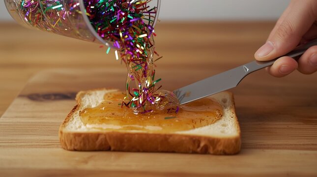 Festive New Year and Merry Christmas toast with honey spread, topped with colorful confetti sprinkles on a wooden table