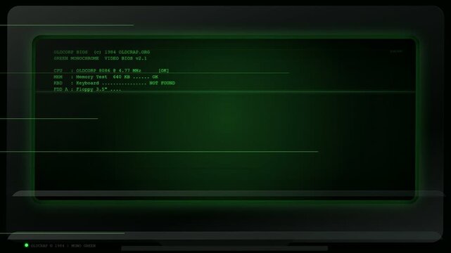 Retro Computer Boot Sequence with Green Monochrome Text on Old CRT Monitor Screen