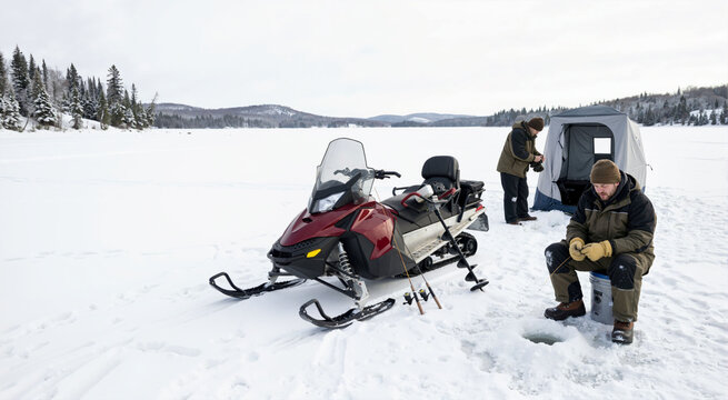 Men ice fishing on a frozen lake with a snowmobile. Winter outdoor recreation and sports