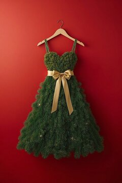 Festive Christmas tree dress made of evergreen branches with a gold ribbon bow hanging on a wooden hanger against a red background, New Year holiday fashion concept