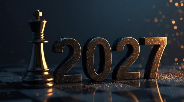 Elegant 2027 New Year and Merry Christmas holiday greeting with metallic numbers, chess king, and festive golden bokeh lights on a dark background