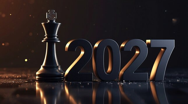 3D New Year 2027 numbers with a black chess king on a glossy surface, warm golden bokeh lights, festive holiday greeting concept for Merry Christmas and New Year