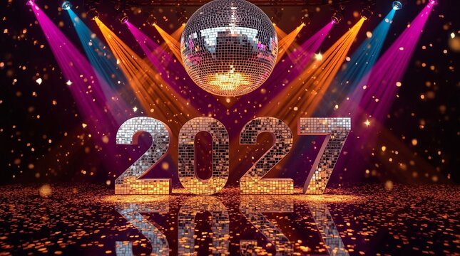 Festive 2027 New Year celebration scene with mirrored disco ball, colorful stage spotlights, and sparkling confetti for Merry Christmas and holiday party backdrop