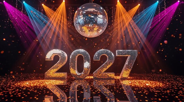 Festive New Year 2027 party scene with mirrored disco ball, colorful stage spotlights, sparkling confetti, and glittering 2027 numbers for Merry Christmas and New Year celebration