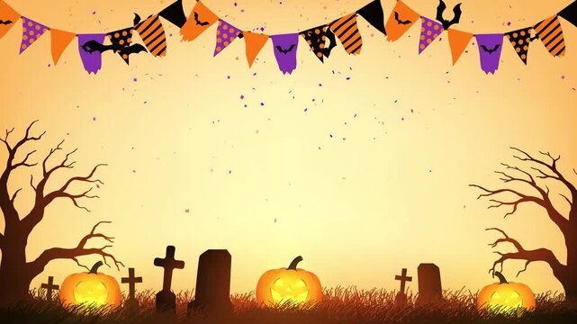 Festive Halloween motion background with glowing pumpkins, bats, bunting, confetti, graveyard and spacious copy area for events and promotions.