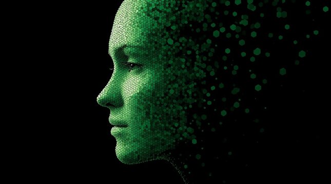 Green hexagonal mosaic side-profile portrait of a woman dissolving into digital particles on a black background
