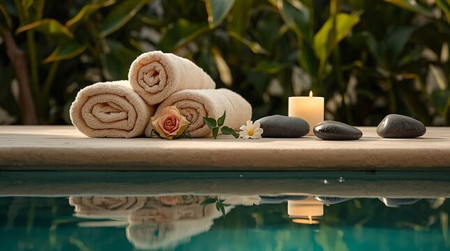 Spa still life by a pool with rolled towels, lit candle, massage stones and flower accents in a tranquil tropical garden setting