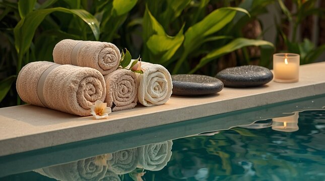 Luxury poolside spa setup with rolled towels, hot stones, tropical flowers, and a glowing candle beside calm water