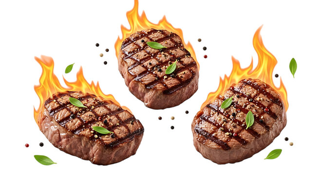 Three grilled beef steaks with grill marks and flames isolated on transparent background
