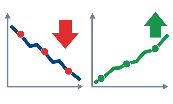 Chart displays downward trend followed by upward surge. Red arrow indicates decline, green arrow shows recovery. Graphs suggest improvement after difficult phase. Ideal for financial, business