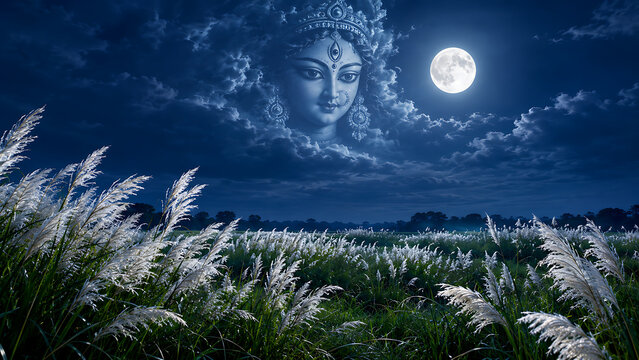 Full moon above white kash grass field celebrating mahalaya and durga puja with peaceful blue night sky and serene autumn countryside landscape