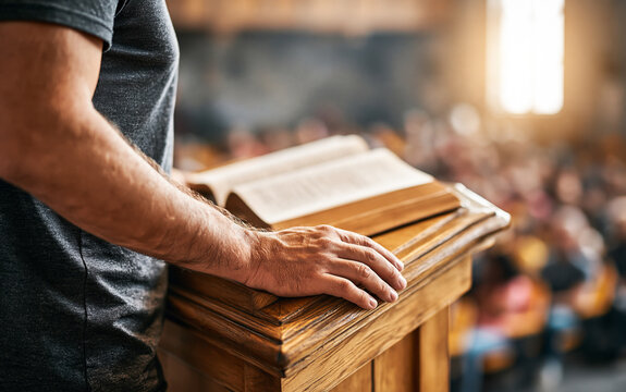 Anonymous pastor standing at a church lectern with an open Bible, congregation softly blurred in background, sermon, Christian leadership,