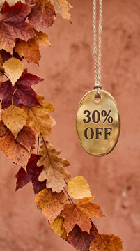 Autumn leaves frame a brass tag with "30% OFF", symbolizing seasonal sales and discounts, with free space for text.