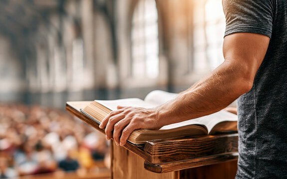 Anonymous pastor standing at a church lectern with an open Bible, congregation softly blurred in background, sermon, Christian leadership,