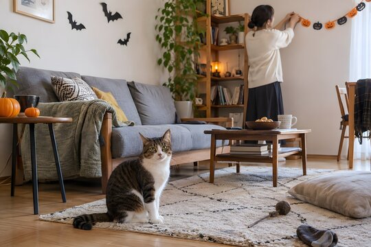 ハロウィンの飾りをした部屋と猫