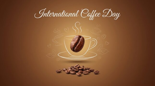 A festive brown background design celebrating international coffee day with a single floating coffee bean and scattered roasted beans below
