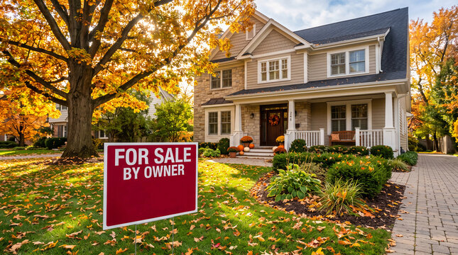 A suburban house with "For Sale By Owner" sign in autumn, symbolizing real estate, ownership, and seasonal change