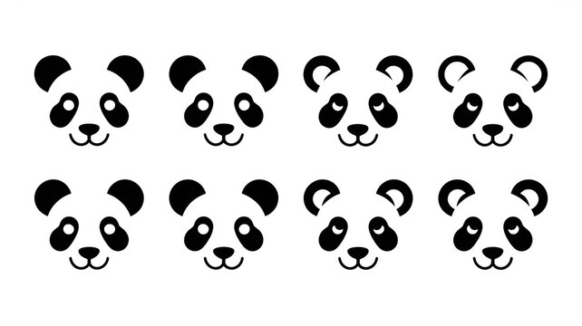 Set of eight minimalist black and white panda face icons arranged in two rows of four