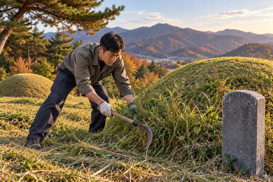 Korean Man Cutting Weeds Around Ancestral Grave for Beolcho