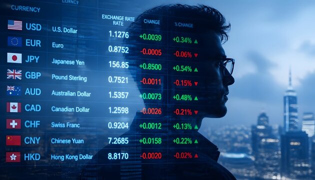 Business professional analyzing forex currency exchange rates on digital trading platform with transparent overlay