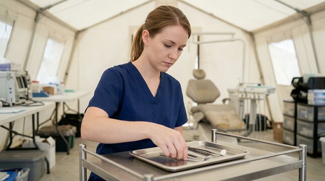 Medical assistant sterilizing dental instruments in field clinic