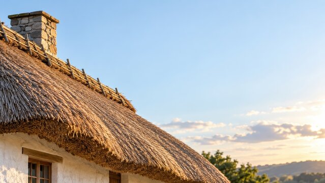traditional white cottage with thatched roof and stone chimney against clear blue sky at sunset. rural countryside architecture. travel destination. banner, website header, background with copyspace.