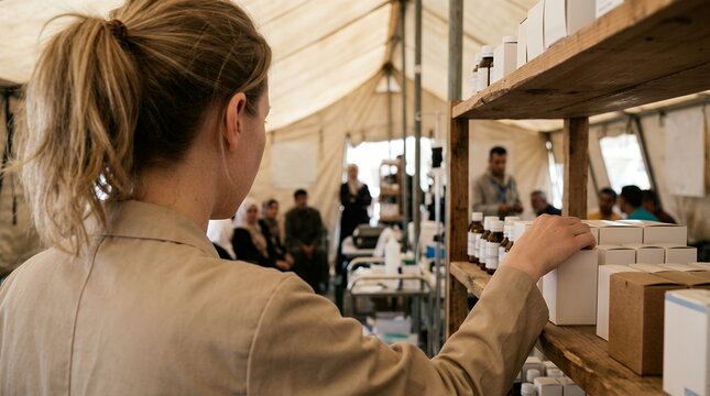 Pharmacist organizing medicine boxes inside a temporary field clinic tent