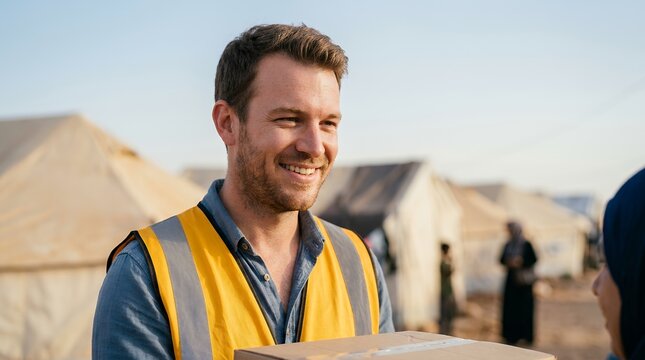 Smiling construction worker wearing high-vis vest organizing supplies in temporary shelter site with clear copy space