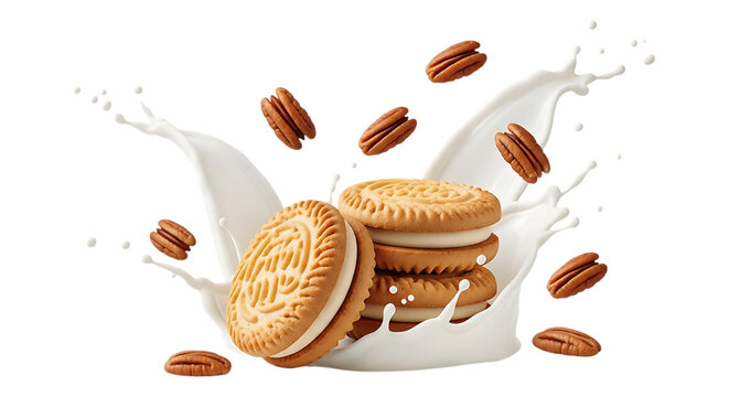 Sandwich cookies with cream filling and pecans splashing in milk isolated on transparent background