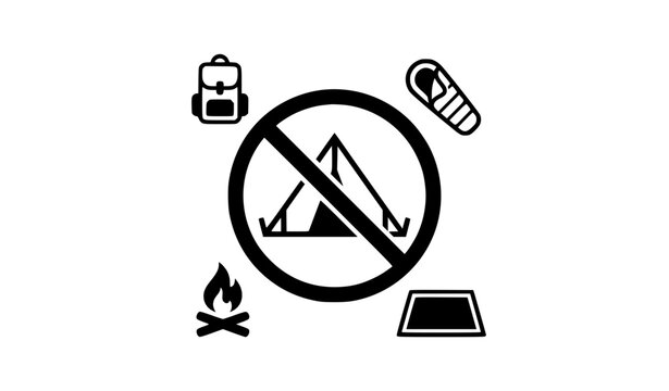 No Camping Prohibition Sign with Tent Black Vector Illustration