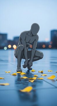 A stylized gray figure squats amidst scattered yellow leaves on a wet, reflective surface, symbolizing contemplation and change.