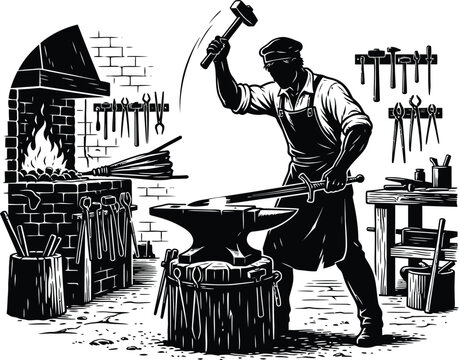 Blacksmith forging a metal sword on an anvil in a workshop