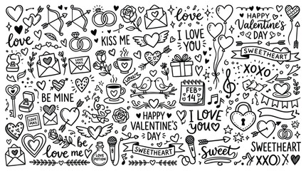 Romantic valentine day doodle set with hearts, love letters, rings, cupid arrows, and sweet phrases in black and white © Badhan